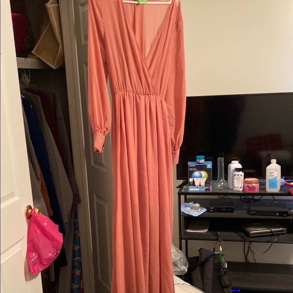 Elegant Long Sleeve Pink Maxi Long Dress